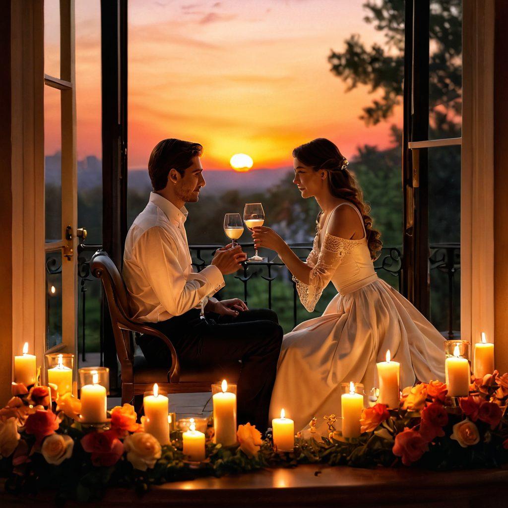 A mesmerizing scene featuring an elegant couple deeply engaged in conversation, surrounded by soft candlelight and a cozy ambiance. The background showcases a beautiful sunset casting warm, romantic hues, while delicate flowers add a touch of charm. The couple's expressions should convey intimacy and connection, symbolizing the art of seduction. super-realistic. warm tones. soft focus.
