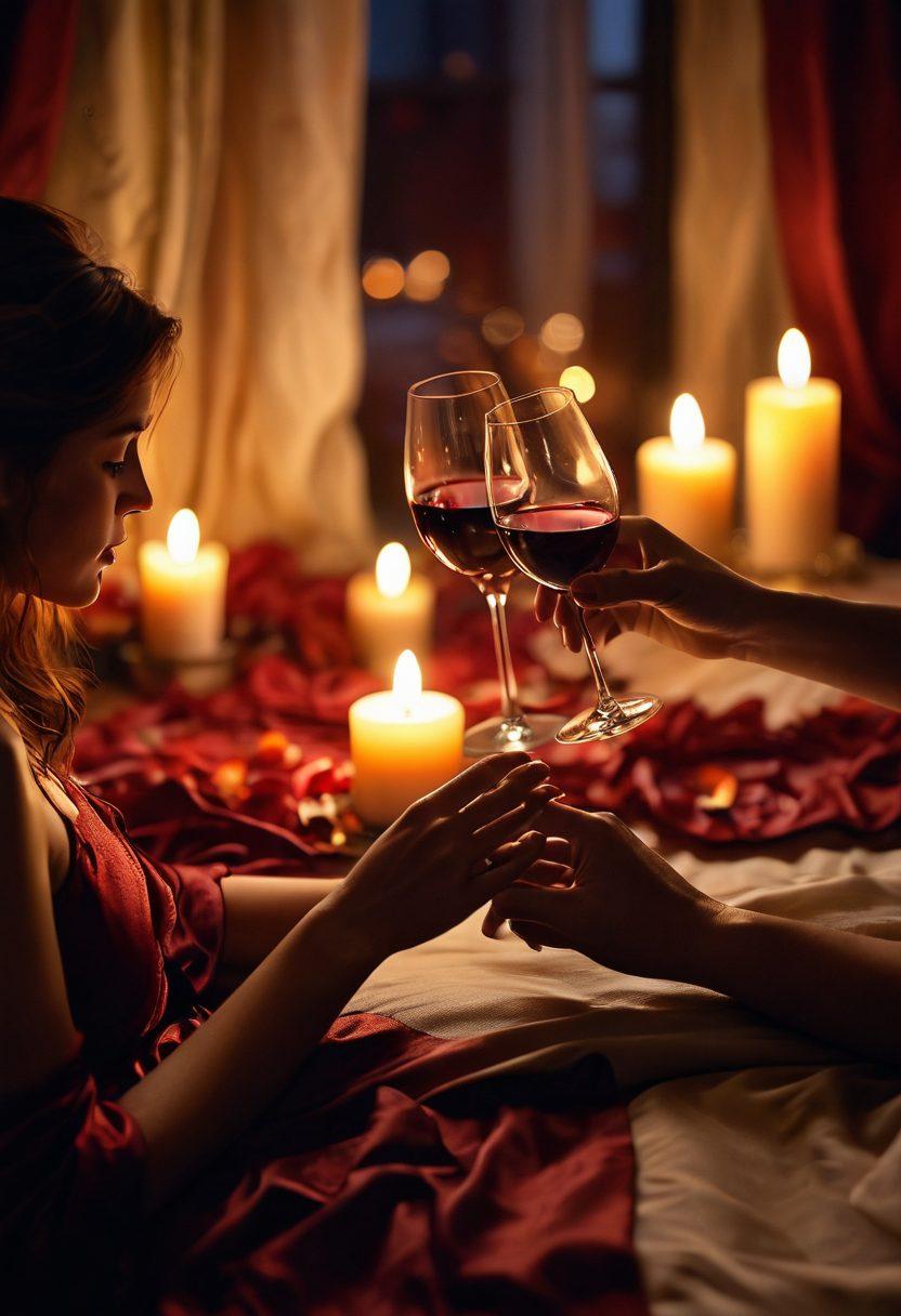 A romantic candle-lit room with soft, flowing fabrics and petals scattered on a silky bed. Silhouetted figures engage in a tender, intimate moment, surrounded by a warm glow. Close-up of intertwined hands and sensual details like a glass of red wine and a flickering candle. Soft-focus background with hints of elegance and seduction. super-realistic. warm colors. intimate atmosphere.