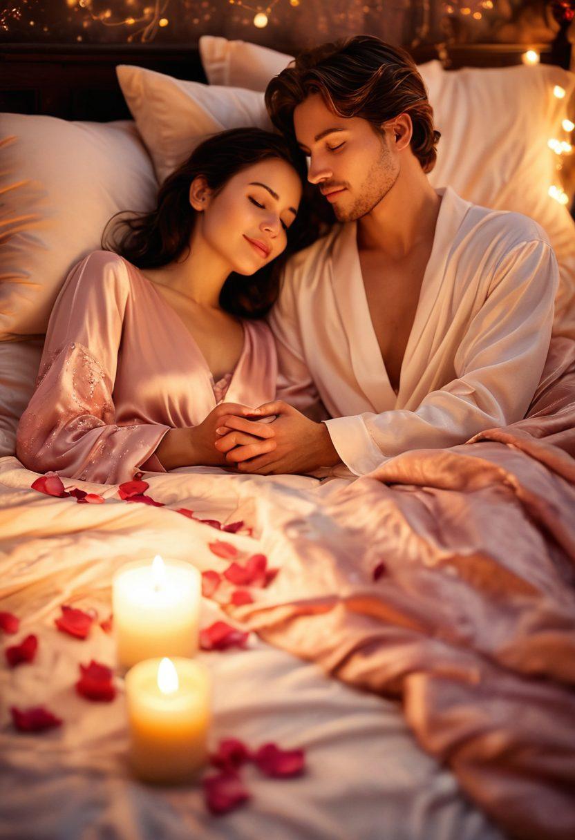 A romantic scene depicting two individuals in a cozy, intimate setting, surrounded by soft candlelight and flowing silk fabrics. Include playful gestures like gently touching hands or shy smiles, with a background hinting at a dreamy starry night and warm hues. Add subtle elements like rose petals scattered on a plush bed, symbolizing love and desire. surreal art. soft focus. warm colors.